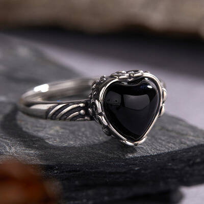 925 Sterling Silver with Natural Black Agate Finger Rings