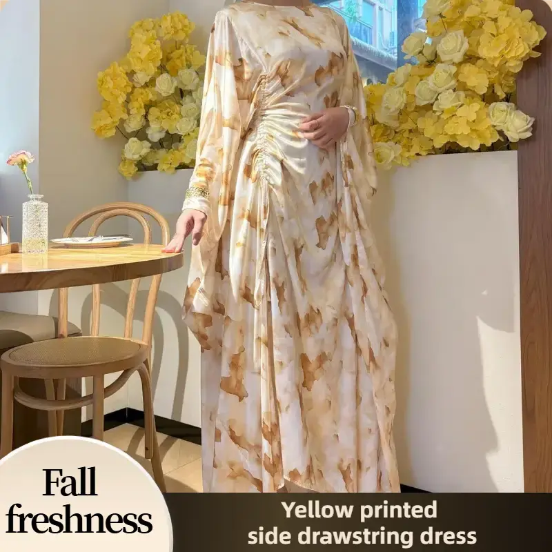 【FallFreshness】CL71 -1 Yellow Marble Patterned Satin Dress with Curve Sleeves for Casual & Formal Occasions - High-Qualit...