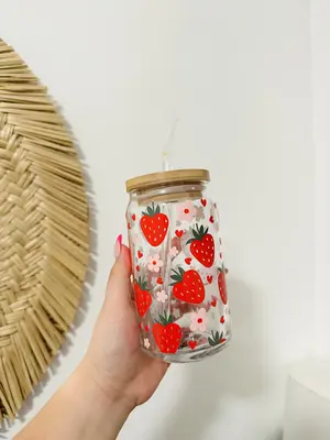 Strawberry and Flowers Beer Can Glass