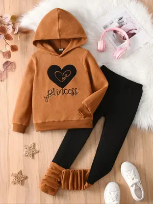 Winter and autumn set for young girls, featuring a cute heart-shaped princess embroidery hoodie, long-sleeve turtleneck sweat...