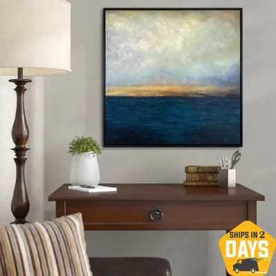 Original Waterscape Painting On Canvas Abstract Nature Artwork Oil Painting Navy Creative Textured Wall Art Decor for Room | ...