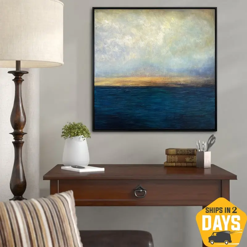 Original Waterscape Painting On Canvas Abstract Nature Artwork Oil Painting Navy Creative Textured Wall Art Decor for Room | ...