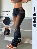 Women's Faded Pocket Button Fly Flare Leg Trousers, Casual Fashion Street Comfy Lace Up Trousers for Daily Wear, Ladies Botto...
