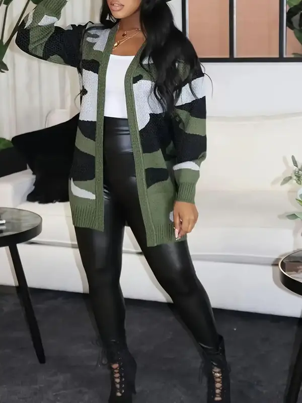 Women's Camo Print Open Front Cardigan, Casual Long Sleeve Drop Shoulder Knit Outerwear, Ladies Fall & Winter Clothes, Women ...