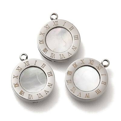 304 Stainless Steel Pave Natural Shell Flat Round Charms