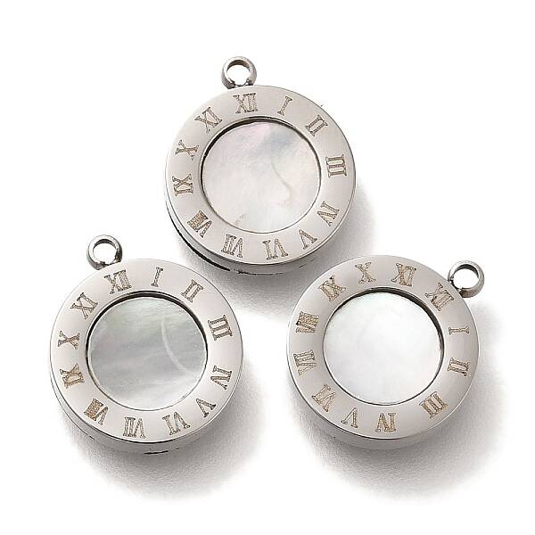 304 Stainless Steel Pave Natural Shell Flat Round Charms