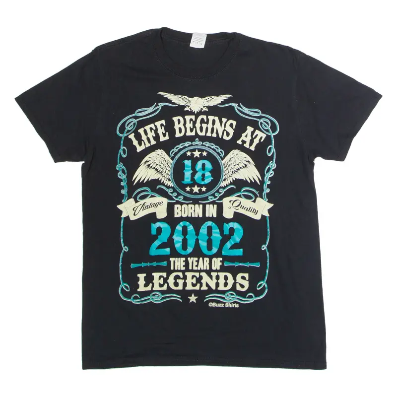 GILDAN Life Begins At 18 Born In 2002 Birthday Mens T-Shirt Black Crew Neck M