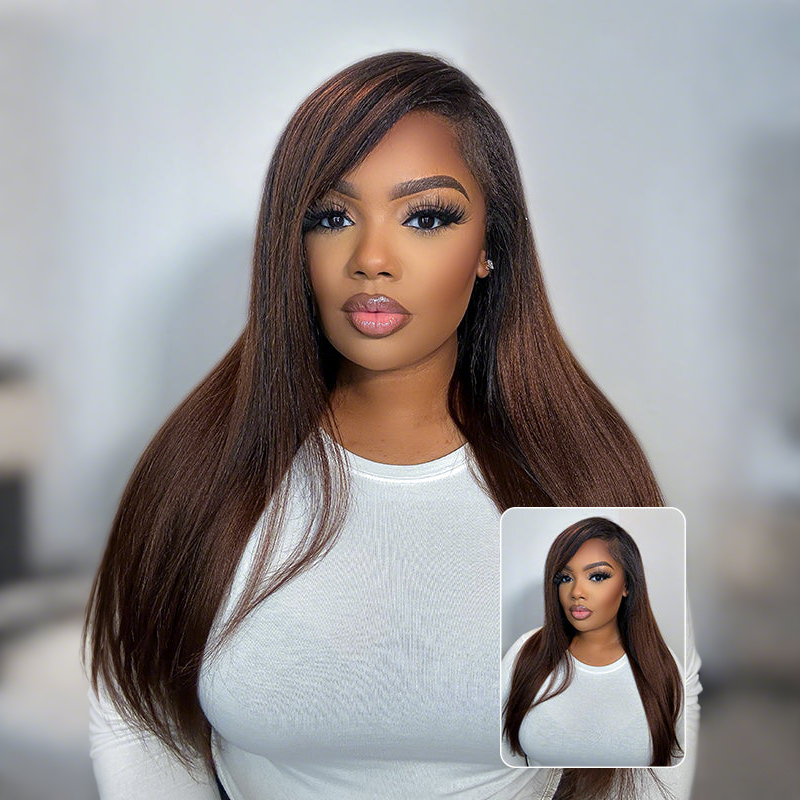 Ombre Brown Yaki Straight Wear Go Half Wig with Drawstring Colored