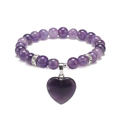 Natural Amethyst Round Beaded Stretch Bracelet with Heart Charm