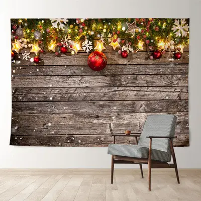 Aperturee Red Gold Ball Star Glitter Wood Christmas Backdrop