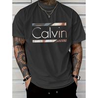 Men's casual Calvin letter print T-shirt-soft pink street style essential, breathable cotton crew neck summer top, machine wa...