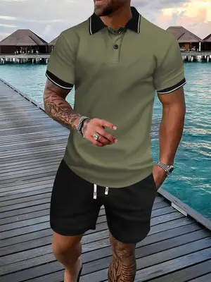 Men's Colorblock Short Sleeve Polo Shirt & Drawstring Shorts Set, Fashion Regular Fit Collared Top & Elastic Waist Track Shor...