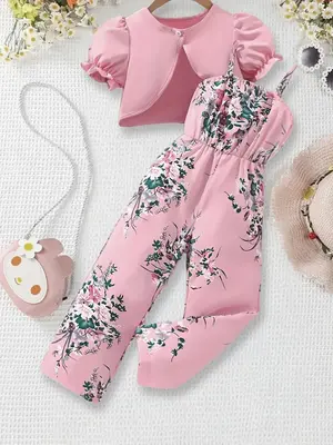 Toddler Girl's Solid Color Crop Top & Floral Print Jumpsuits Two-Piece Set, Casual Top & Jumpsuits for Summer, Kids Cloth...