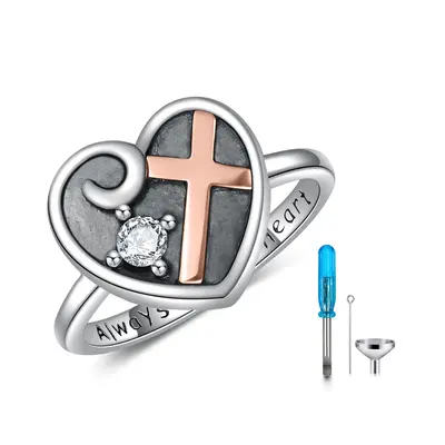 Sterling Silver Two-tone Round Shaped Crystal Cross & Heart Urn Ring with Engraved Word