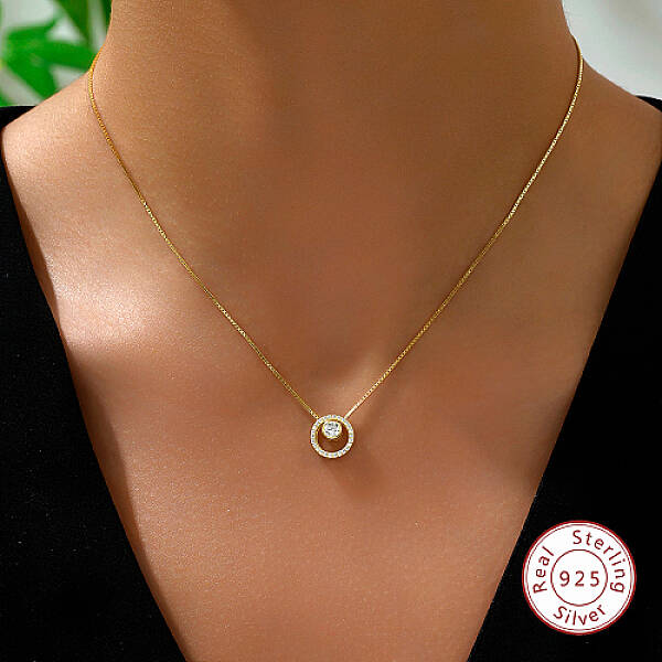 Cubic Zirconia Ring Pendant Necklaces with 925 Sterling Silver Box Chains