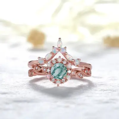 Rose Gold Moss Agate Ring Set Diamond Wedding Ring opal Bridal set