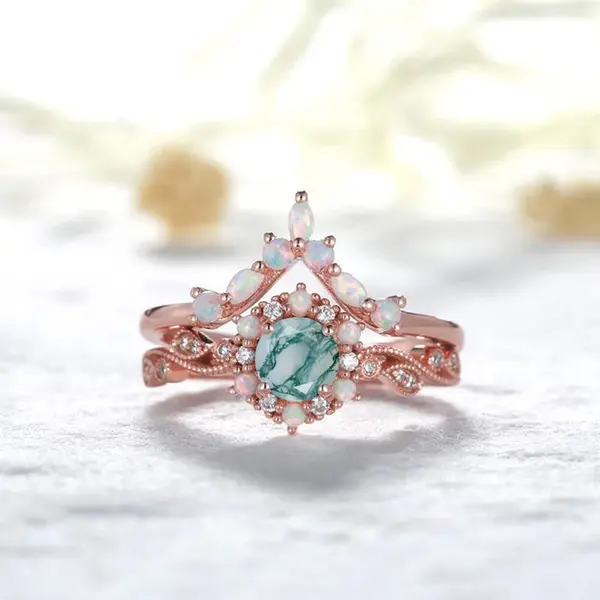 Rose Gold Moss Agate Ring Set Diamond Wedding Ring opal Bridal set