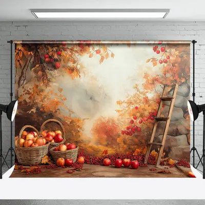 Oil Painted Autumn Apple Trees Fruits Photo Backdrop - Aperturee