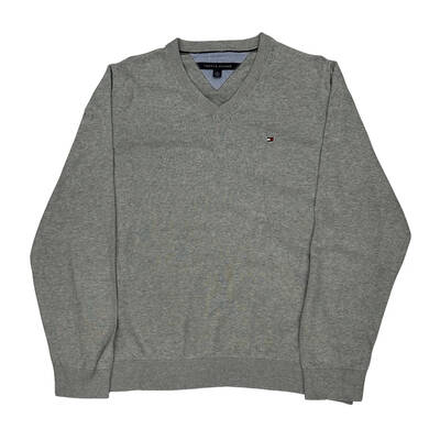 Tommy Hilfiger V-Neck Jumper - XL Grey Cotton