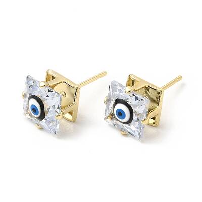 Square Glass with Enamel Evil Eye Stud Earrings