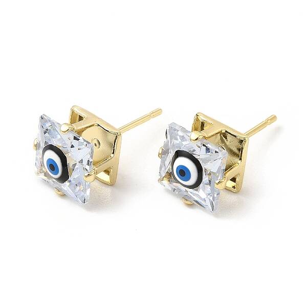 Square Glass with Enamel Evil Eye Stud Earrings