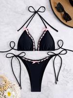 Two-Piece Set Women's Bow Decor Lace Up Bikini Set, Solid Tie Shoulder Swim Top & Swim Bottom, Ladies Swimsuit for Beach Holi...