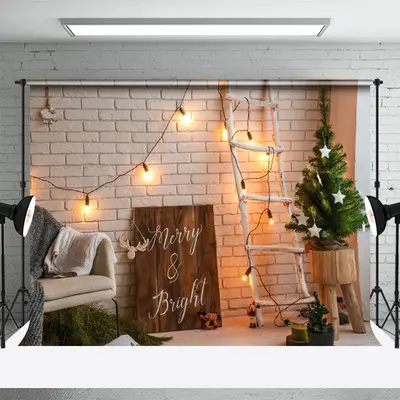 Merry And Bright Brick Wall Ladder Christmas Backdrop - Aperturee