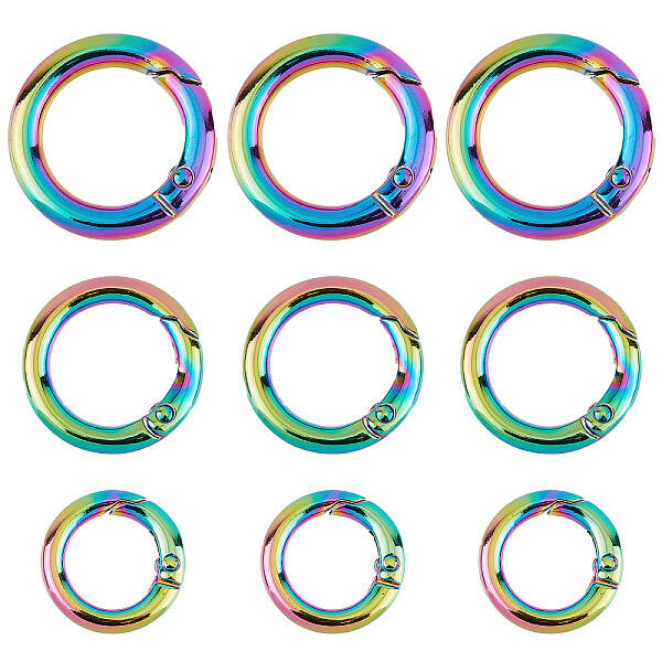 12Pcs 3 Style Rainbow Color Alloy Spring Gate Rings