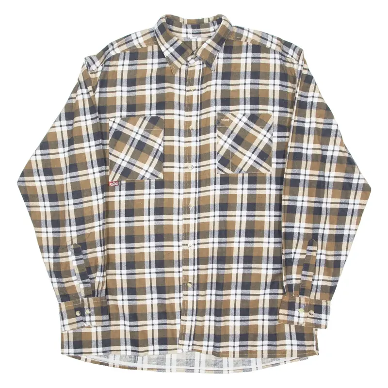 Mens Flannel Shirt Brown Check Long Sleeve L