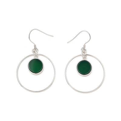 Natural Dyed & Heated Green Onyx Agate Flat Round Dangle Earrings