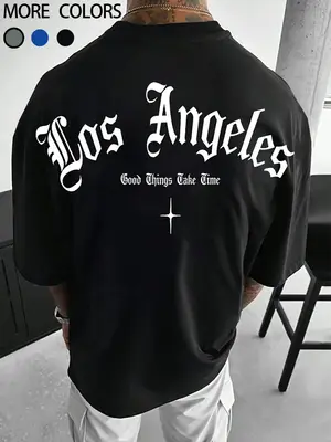 Men's Letter Graphic Round Neck Tee, Regular Fit Fashion Drop Shoulder Short Sleeve T-shirt, Summer Clothes, Men's Top for Da...