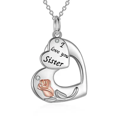 Sterling Silver Two-tone Circular Shaped Zircon Rose & Heart Pendant Necklace with Engraved Word