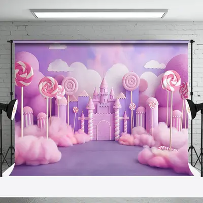 Aperturee Purple Pink Candyland Clouds Cake Smash Backdrop - Aperturee