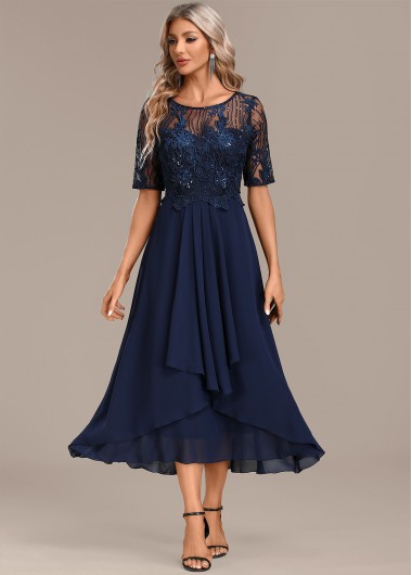 Modlily Navy Lace Short Sleeve Round Neck Dress Wedding Guest Dress - S