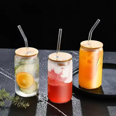 Glass Cup, 1 Count Clear Iced Tea Cup with Lid & Straw, Summer Can Shaped Glass Cups for Iced Coffee, Soda Boba Tea, Juice, H...