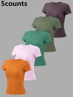 Women's Solid Round Neck Sports Tee, Sporty Short Sleeve Crew Neck T-shirt for Daily Outdoor Wear, Ladies Sportswear for All ...