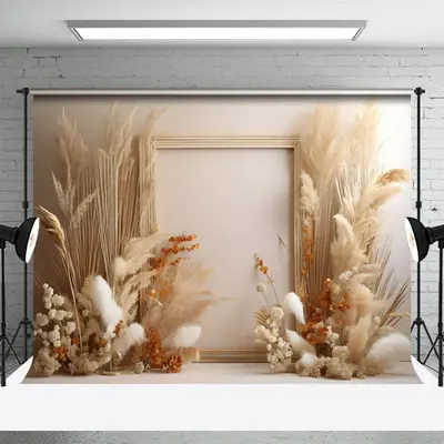Feather Orange Flower Beige Wall Boho Photo Backdrop - Aperturee
