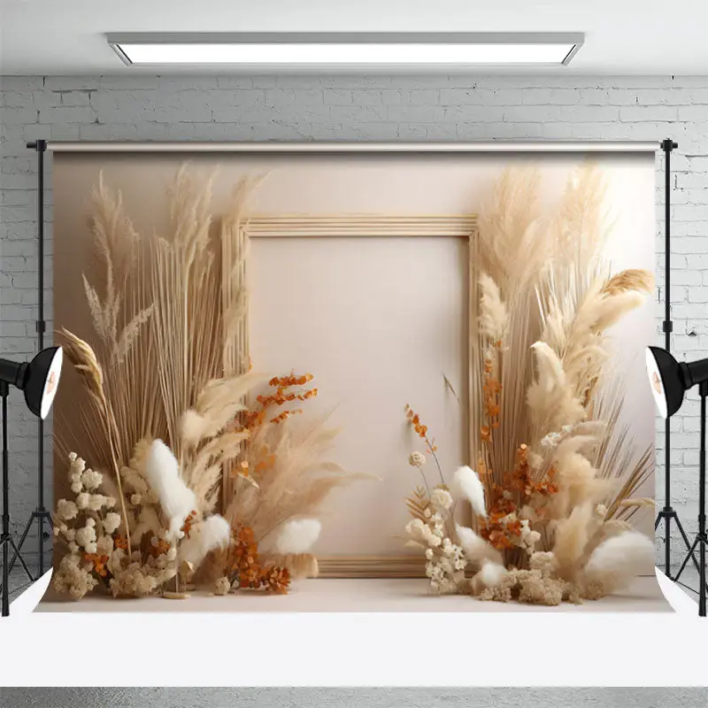 Feather Orange Flower Beige Wall Boho Photo Backdrop - Aperturee