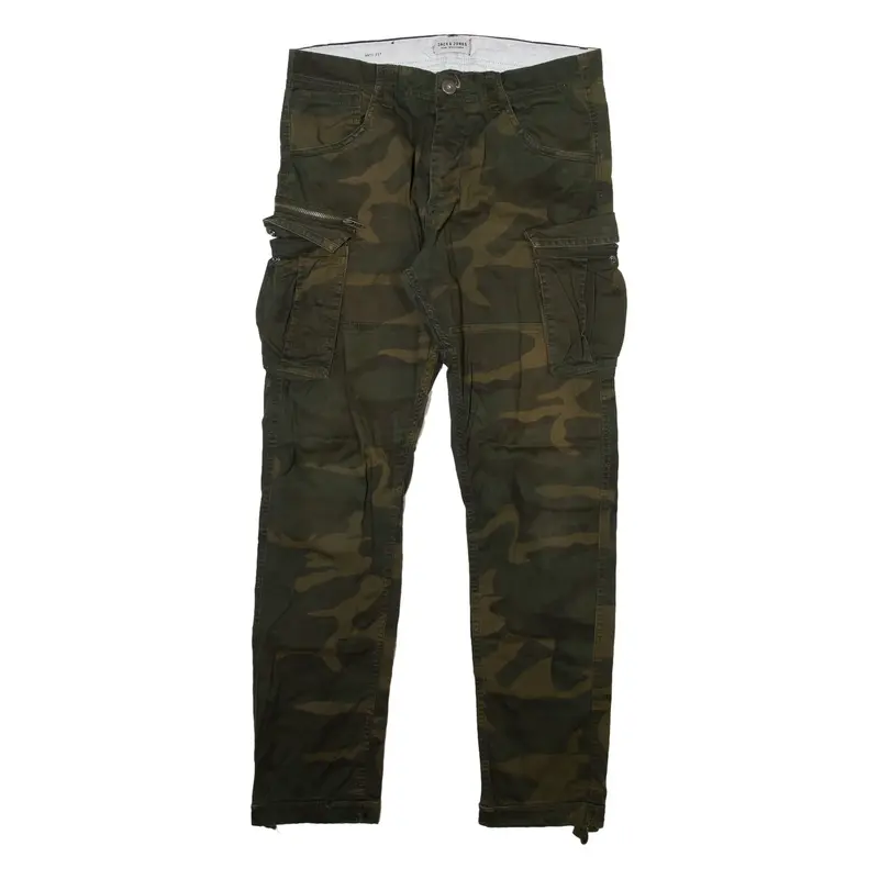 JACK AND JONES Camo Cargo Mens Trousers Green Slim Straight W30 L32