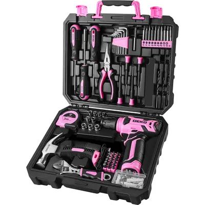 DEKOPRO 126-Piece Pink Household Tool Set with 8V Cordless Drill, Rechargeable Battery, All-in-One Compact Tools kit, Perfect...