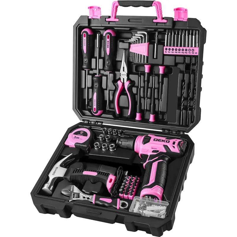 DEKOPRO 126-Piece Pink Household Tool Set with 8V Cordless Drill, Rechargeable Battery, All-in-One Compact Tools kit, Perfect...