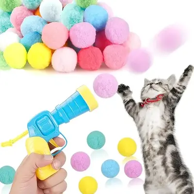 Cat Ball Toy Launcher Gun 31Pcs Plush Fuzzy Balls Cat Toys with 1 Gun for Bored Indoor Adult Cats & Cute Kitten Kitty Toys