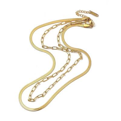 304 Stainless Steel Paperclip & Herringbone Chains Double Layer Necklace for Men Women