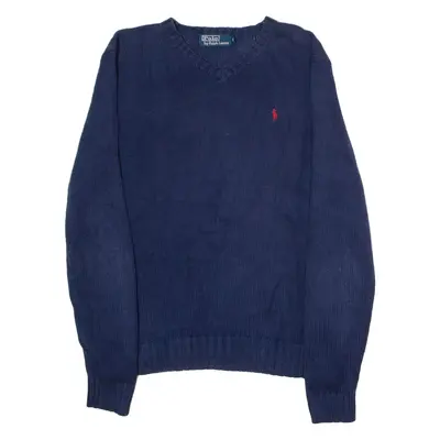 POLO RALPH LAUREN Mens Jumper Blue V-Neck 90s Tight Knit S