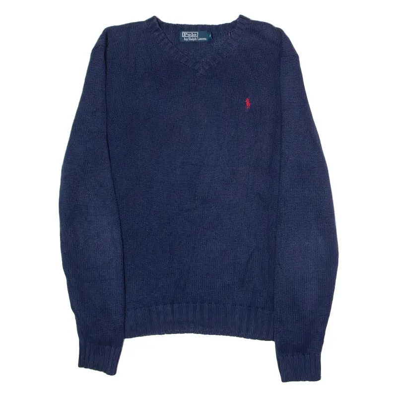 POLO RALPH LAUREN Mens Jumper Blue V-Neck 90s Tight Knit S