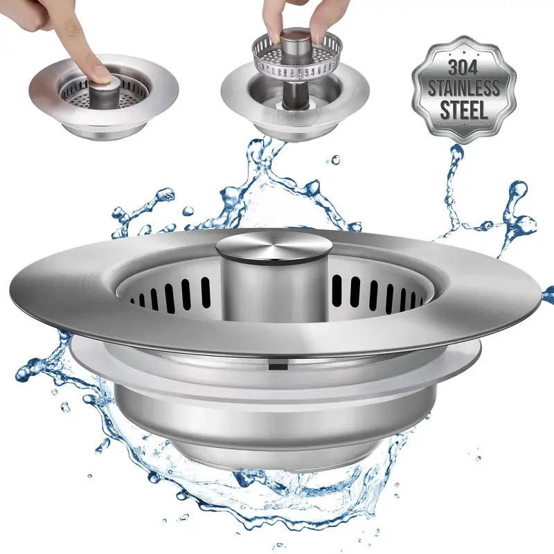3 in 1 Kitchen Sink Drain Strainer, Stainless Steel Pop-Up Sink Stopper, Anti-clogging Sink Drain Strainer for Kitchen Drain
