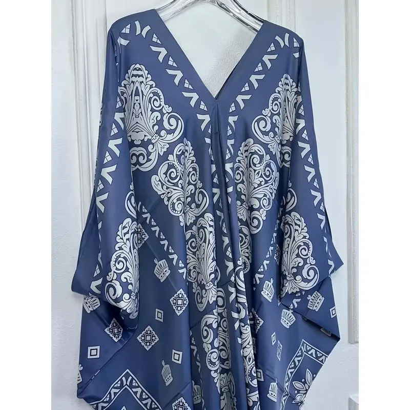 2024[Polyester Elegant Abaya] Lightweight Polyester Elegant Abaya - Black and White Paisley Print V-Neck Loose Fit Maxi Dress...