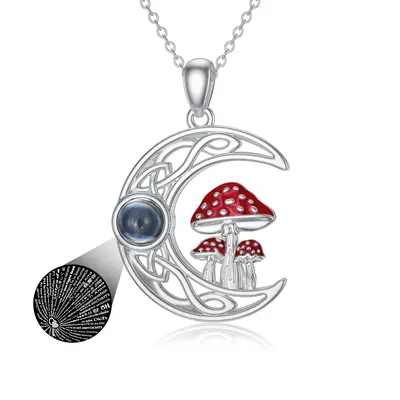 Sterling Silver Circular Projection Stone Mushroom & Celtic Knot Moon Pendant Necklace With Engraved Word For Women