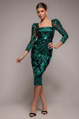 Goddiva Square Neck Scalloped Embroidered Sequin Midi Dress - Emerald Green