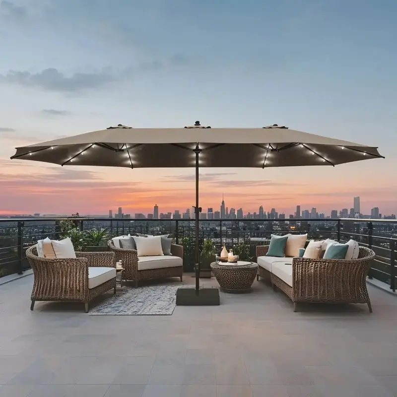 FUFU&GAGA 15ft Large Solar Umbrella Outdoor Patio Yard Umbrella Double-Sided Rectangle Market 36 LED Lights Patio Umbrella wi...